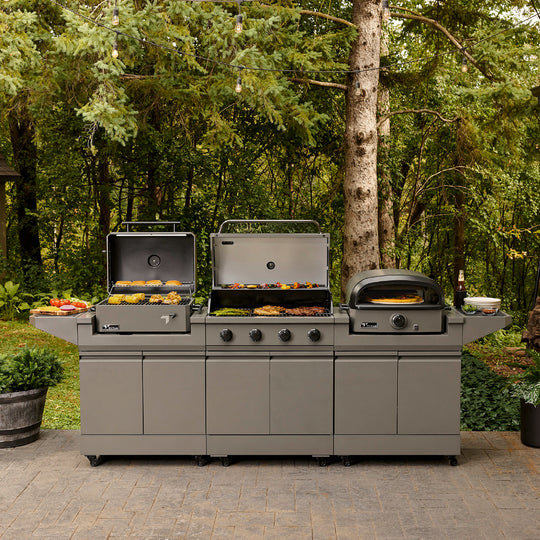 TYTUS Modular Trio with 4-Burner Gas Grill, Charcoal Grill, and Gas Pizza Oven