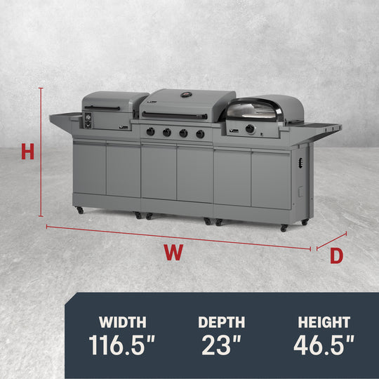 TYTUS Modular Trio with 4-Burner Gas Grill, Pellet Grill and Gas Pizza Oven