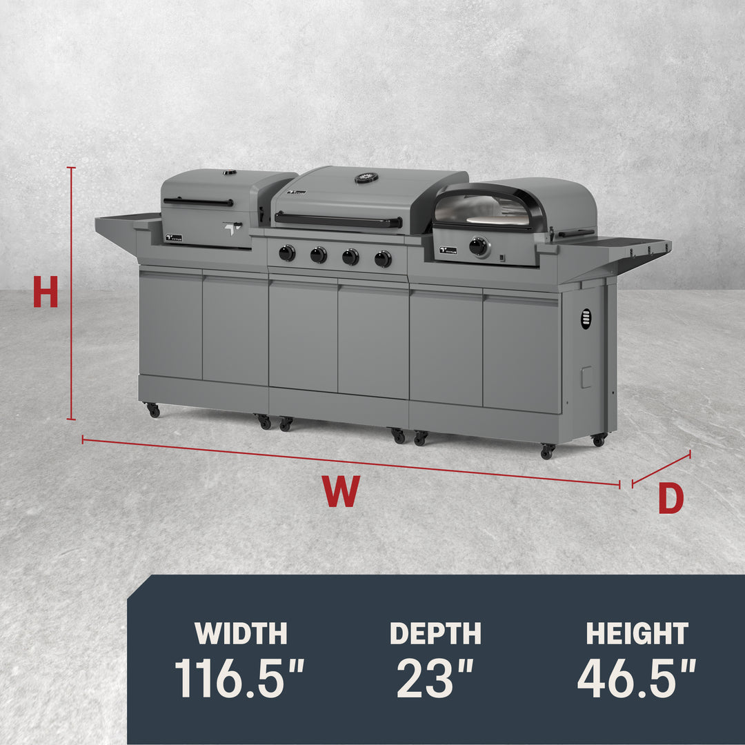 TYTUS Modular Trio with 4-Burner Gas Grill, Charcoal Grill, and Gas Pizza Oven