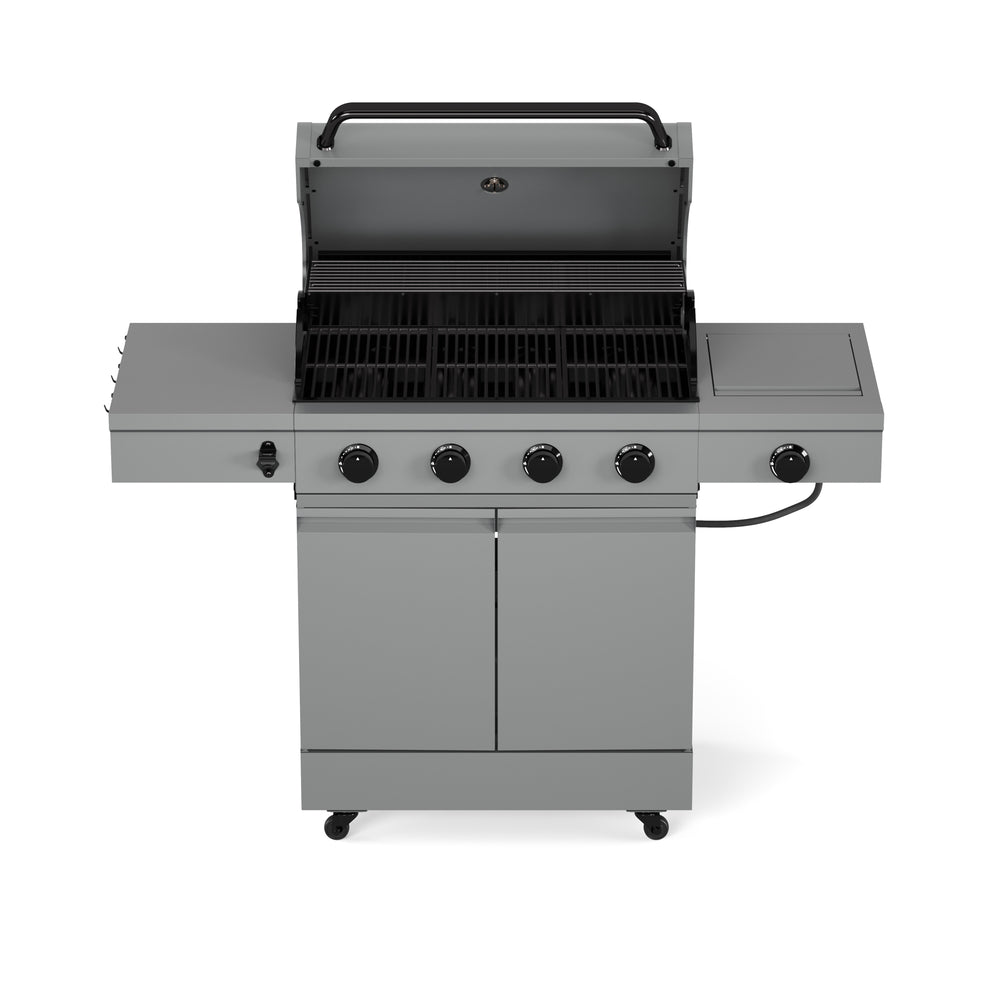 TYTUS Anaheim 4-Burner Gas Grill: Gunmetal Gray Freestanding Grill with Open Lid Showing Interior, Side Shelves, Outdoor Patio Grill