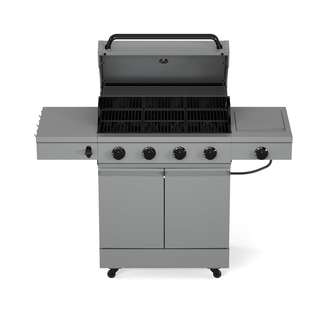 TYTUS Anaheim 4-Burner Gas Grill: Gunmetal Gray Freestanding Grill with Open Lid Showing Interior, Side Shelves, Outdoor Patio Grill