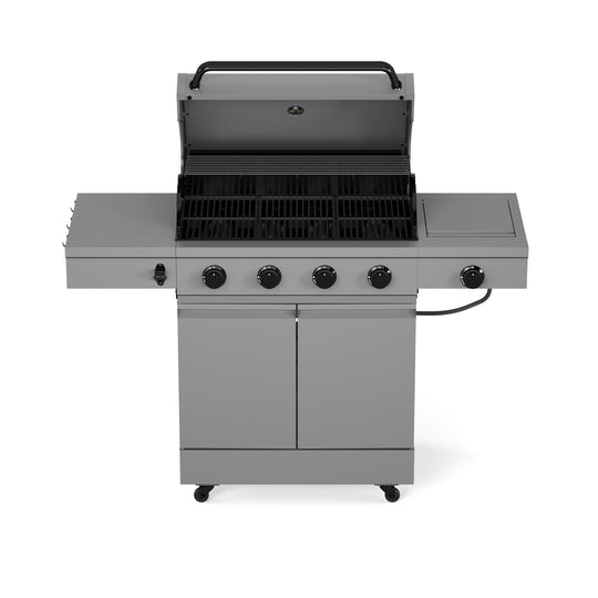 TYTUS Anaheim 4-Burner Gas Grill: Gunmetal Gray Freestanding Grill with Open Lid Showing Interior, Side Shelves, Outdoor Patio Grill