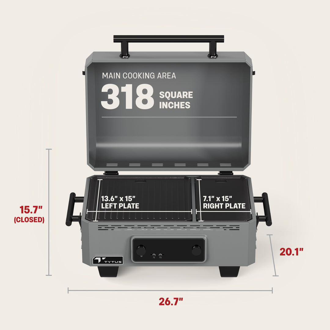TYTUS Emberwood Electric Grill: 318 Sq Inch, Dimensions & Dual Plates