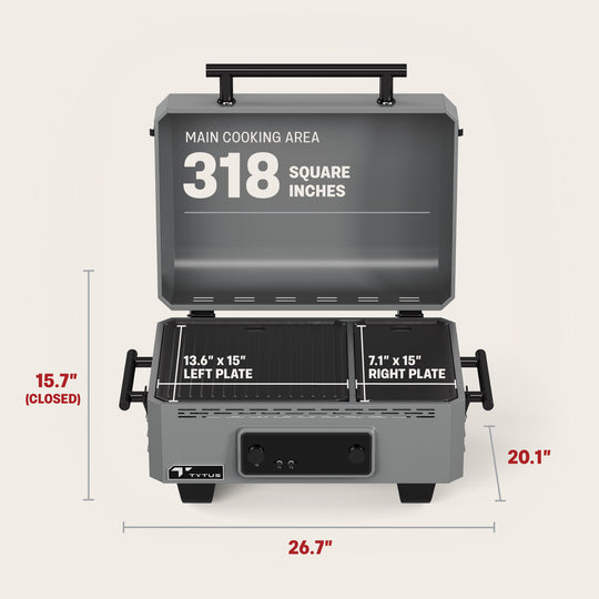 TYTUS Emberwood Electric Grill: 318 Sq Inch, Dimensions & Dual Plates
