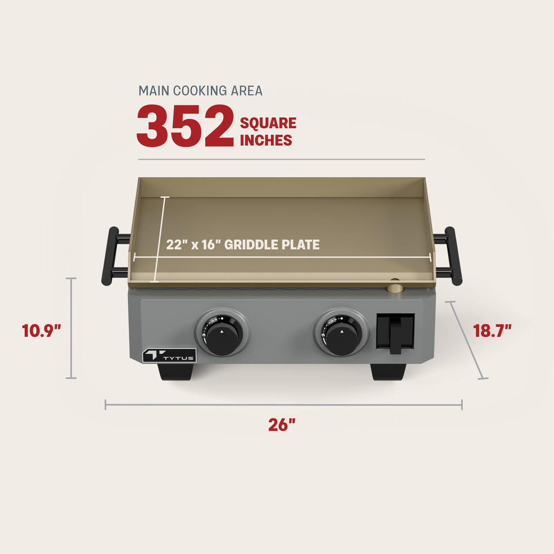 TYTUS Emberwood Griddle Dimensions: 26" Width, 18.7" Depth, 10.9" Height, 352 Square Inch Cooking Area, 22" x 16" Griddle Plate