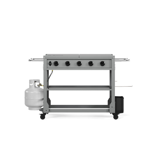 TYTUS Fresno 4-Burner LP + NG Convertible Flat Top Griddle: Gunmetal Gray Griddle on Cart with LP Tank, Outdoor Cooking