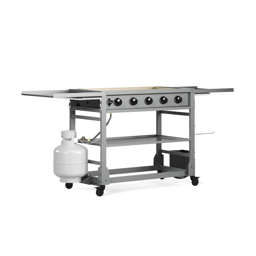 TYTUS Fresno 4-Burner LP + NG Convertible Flat Top Griddle: Gunmetal Gray Griddle on Cart with Side Shelves and LP Tank, Outdoor Cooking