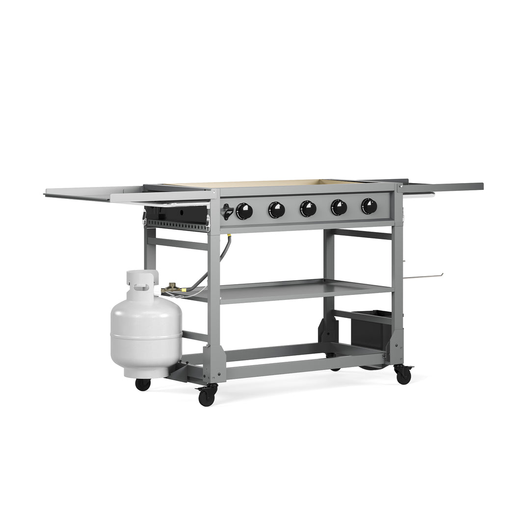 TYTUS Fresno 4-Burner LP + NG Convertible Flat Top Griddle: Gunmetal Gray Griddle on Cart with Side Shelves and LP Tank, Outdoor Cooking