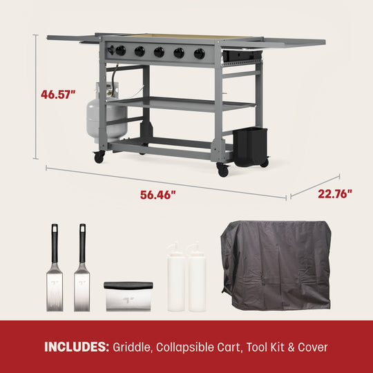 TYTUS Fresno 4-Burner LP/NG Convertible Flat Top Griddle Dimensions: 56.46" Width, 46.57" Height, 22.76" Depth, Includes Griddle, Cart, Tools, Cover