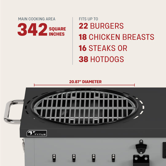 TYTUS Grill Cooking Capacity: 342 Square Inches, Fits 22 Burgers, 18 Chicken Breasts, 16 Steaks, 38 Hotdogs, 20.87 Inch Diameter Grate