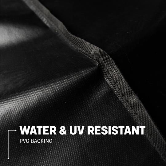 Close-up of a TYTUS grill cover showing the water and UV resistant material with PVC backing.