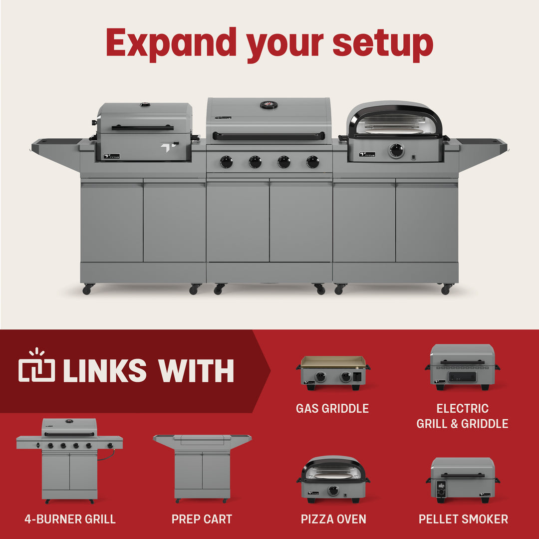 TYTUS Grill Modular Setup: Expand Your Setup with 4-Burner Grill, Gas Griddle, Electric Grill & Griddle, Charcoal Grill, Pizza Oven, Pellet Smoker, Prep Cart