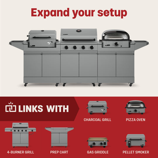 TYTUS Modular Grill System: Expand Setup with 4-Burner, Gas Griddle, Electric Grill, Charcoal, Pizza Oven, Pellet Smoker, Prep Cart