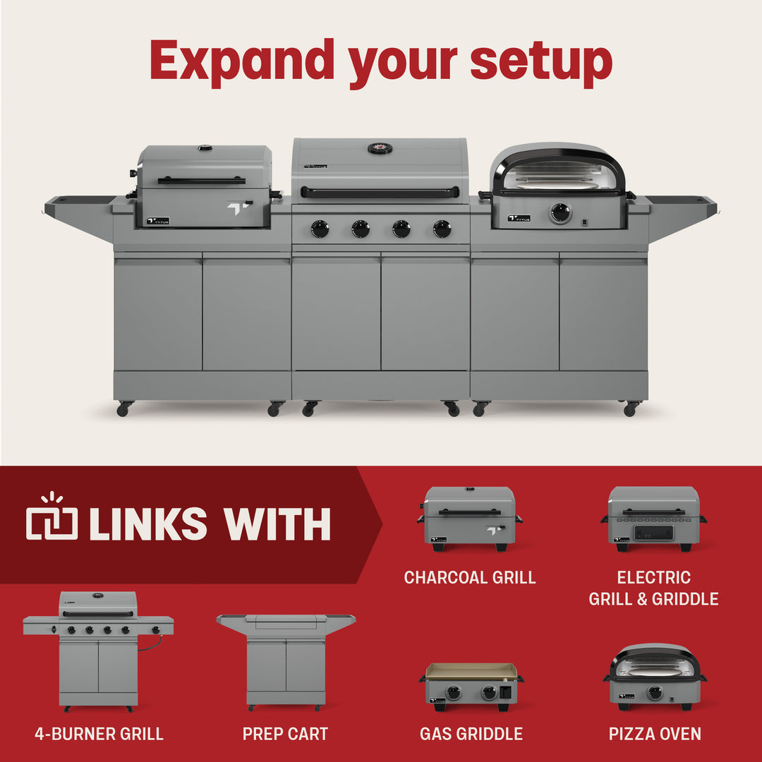TYTUS Modular Outdoor Kitchen: 4-Burner Grill, Prep Cart, Gas Griddle, Charcoal Grill, Electric Grill & Griddle, Pizza Oven, Expand Your Setup