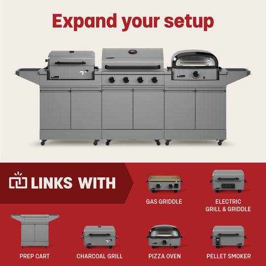 TYTUS Modular Outdoor Kitchen: 4-Burner Grill, Prep Cart, Gas Griddle, Charcoal Grill, Electric Grill & Griddle, Pizza Oven, Pellet Smoker, Expand Your Setup.