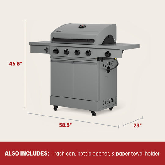 TYTUS TDT-011 GMOD Anaheim Gray 4-Burner LP Grill: Dimensions 58.5" Width, 46.5" Height, 23" Depth, Includes Trash Can, Bottle Opener, Paper Towel Holder.